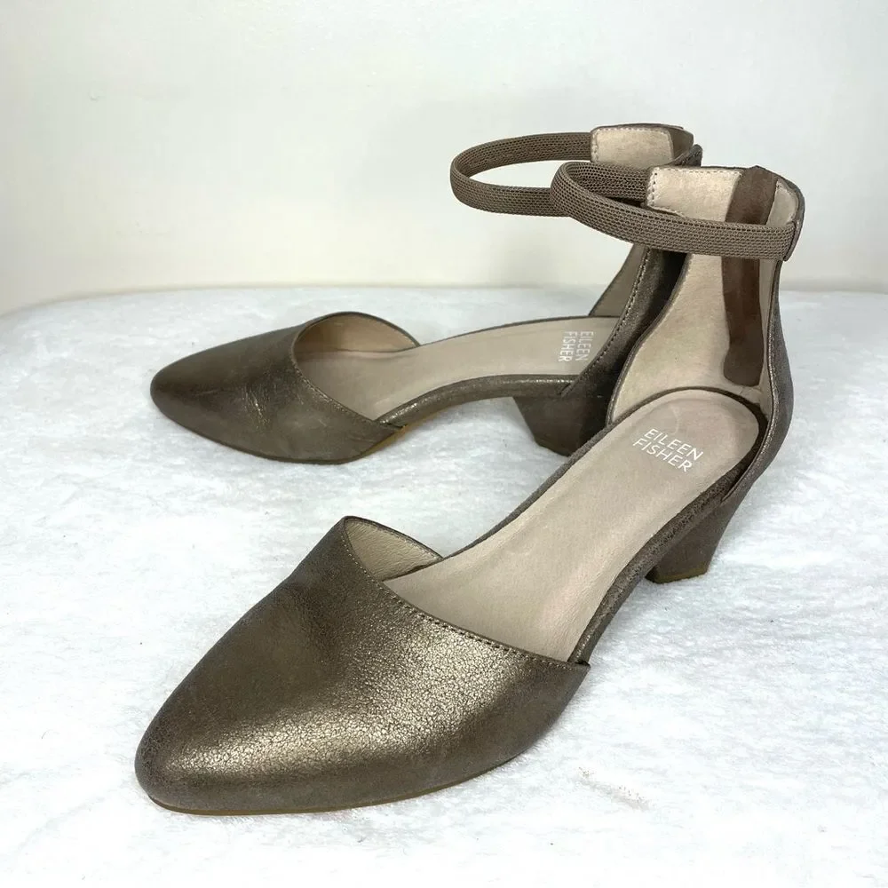 Eileen Fisher Heels Metallic Leather Ankle Strap Zip Back Pumps Gold Size 7.5